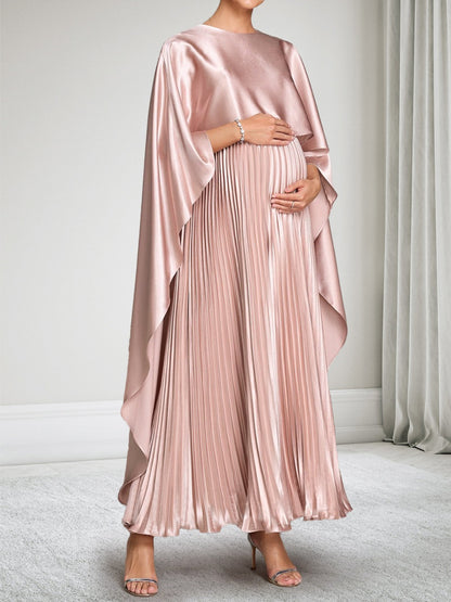 Robe d'Invitée de Mariage de Maternité en Satin Ligne A/Princesse Col Rond Longueur Cheville Plissée avec Cape