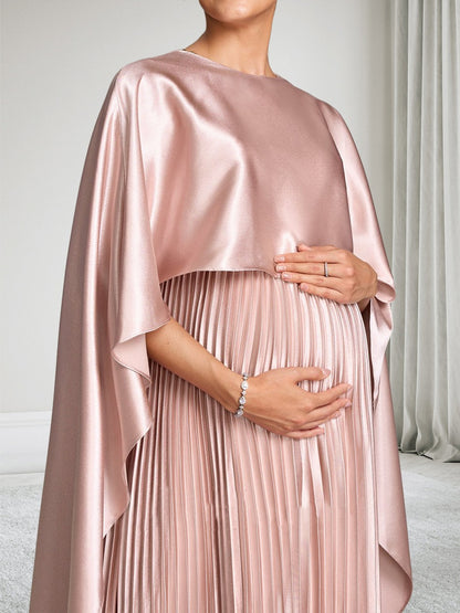 Robe d'Invitée de Mariage de Maternité en Satin Ligne A/Princesse Col Rond Longueur Cheville Plissée avec Cape