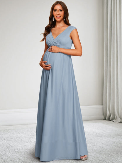 Robe d'Invitée de Mariage de Maternité en Mousseline Ligne A/Princesse Col en V Longueur Sol Ruchée