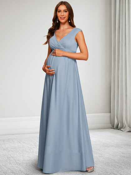 Robe d'Invitée de Mariage de Maternité en Mousseline Ligne A/Princesse Col en V Longueur Sol Ruchée