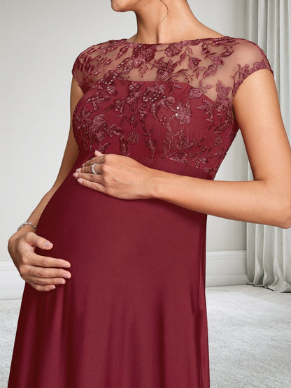 Robe d'Invitée de Mariage de Maternité Ligne A/Princesse Col Bateau Mancherons Longueur Sol avec Dentelle