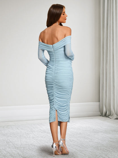 Robe d'Invitée de Mariage de Maternité Gaine/Colonne Hors de l'épaule Manches Longues Longueur Thé Ruchée