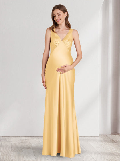 Robe de Demoiselle d'Honneur de Maternité Ligne A/Princesse Col en V Sans Manches Longueur Sol Ruchée