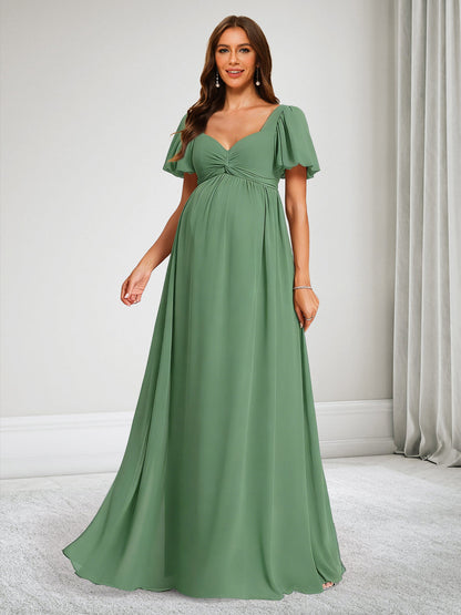 Robe de Demoiselle d'Honneur de Maternité Ligne A Col en V avec Volants & Nœud
