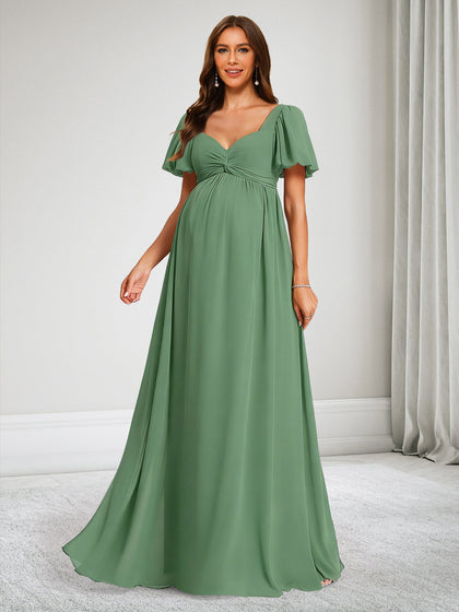 Robe de Demoiselle d'Honneur de Maternité Ligne A Col en V avec Volants & Nœud