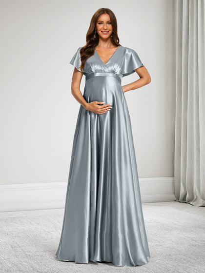 Robe de Demoiselle d'Honneur de Maternité Ligne A Col en V avec Volants & Nœud