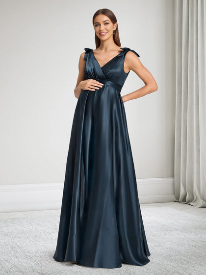 Robe de Demoiselle d'Honneur de Maternité Ligne A Col en V avec Volants & Nœud