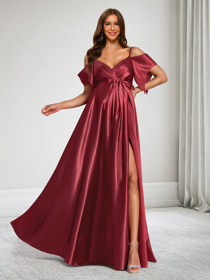 Robe de Demoiselle d'Honneur de Maternité Ligne A Épaules Dénudées Sans Manches avec Nœud & Fendue