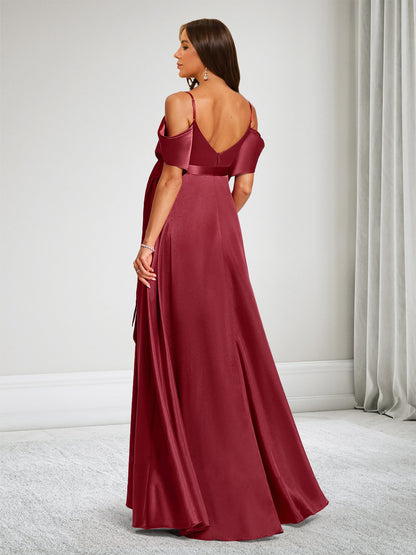 Robe de Demoiselle d'Honneur de Maternité Ligne A Épaules Dénudées Sans Manches avec Nœud & Fendue