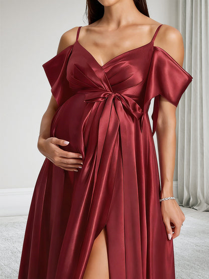Robe de Demoiselle d'Honneur de Maternité Ligne A Épaules Dénudées Sans Manches avec Nœud & Fendue