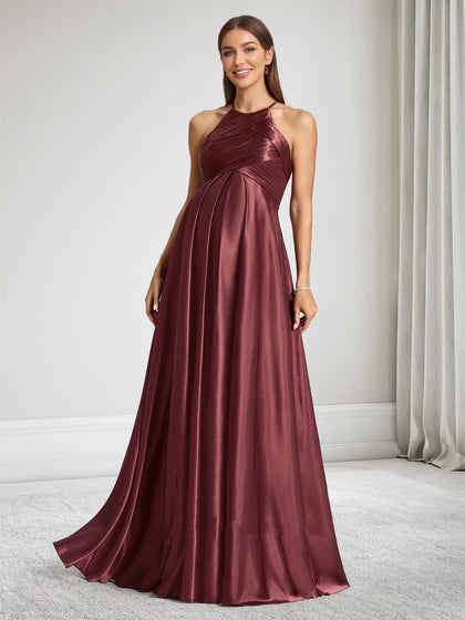 Robe de Demoiselle d'Honneur de Maternité Ligne A Col Halter Ruchée avec Volants