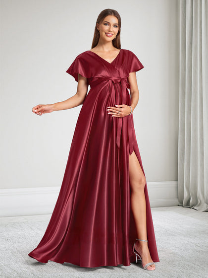 Robe de Demoiselle d'Honneur de Maternité Ligne A Col en V avec Volants & Nœud