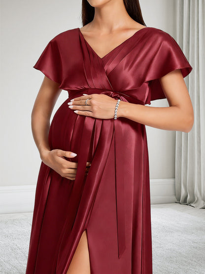 Robe de Demoiselle d'Honneur de Maternité Ligne A Col en V avec Volants & Nœud