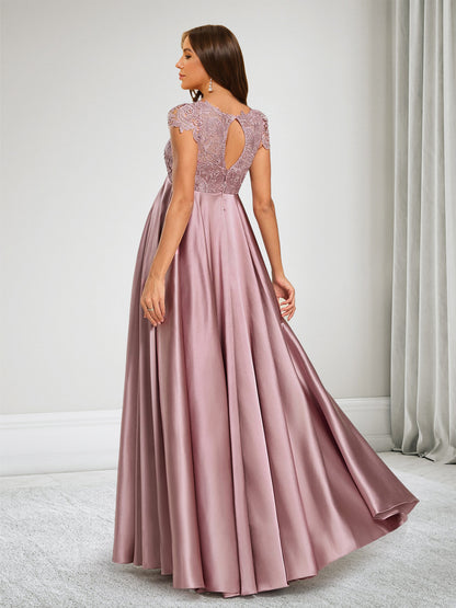 Robe de Demoiselle d'Honneur de Maternité en Satin Ligne A Col Bateau Illusion avec Dentelle