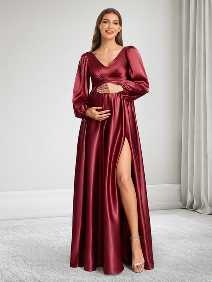 Satin Ligne A/Princesse Col en V Manches Longues Robes de Demoiselle d'honneur de Maternité avec Côté Divisé