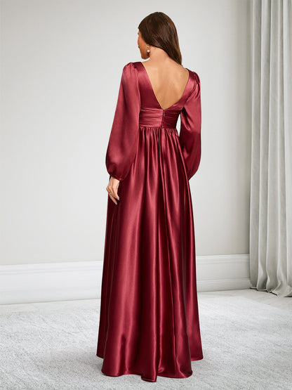 Robe de Demoiselle d'Honneur de Maternité en Satin Ligne A/Princesse Col en V Manches Longues Fendue