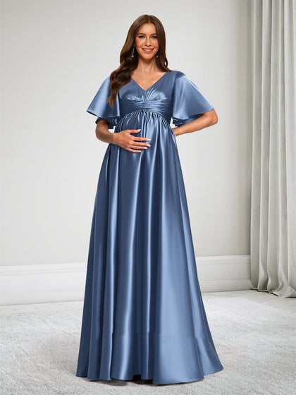 Robe de Demoiselle d'Honneur de Maternité Ligne A Col en V Manches Courtes avec Volants