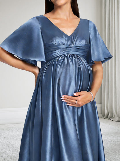 Robe de Demoiselle d'Honneur de Maternité Ligne A Col en V Manches Courtes avec Volants