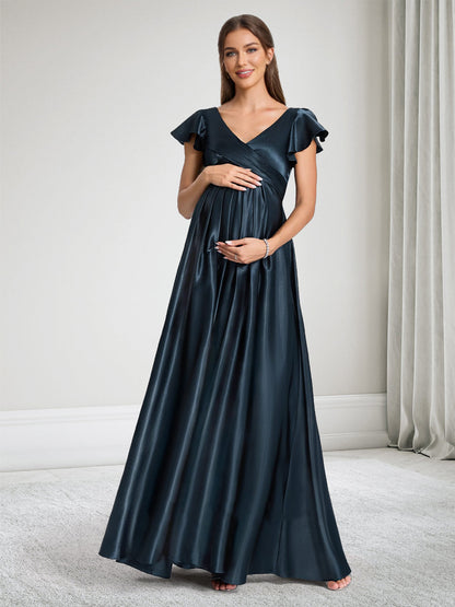 Robe de Demoiselle d'Honneur de Maternité Ligne A Col en V Manches Courtes Ruchée avec Volants