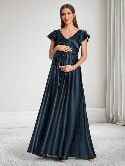 Robe de Demoiselle d'Honneur de Maternité Ligne A Col en V Manches Courtes Ruchée avec Volants