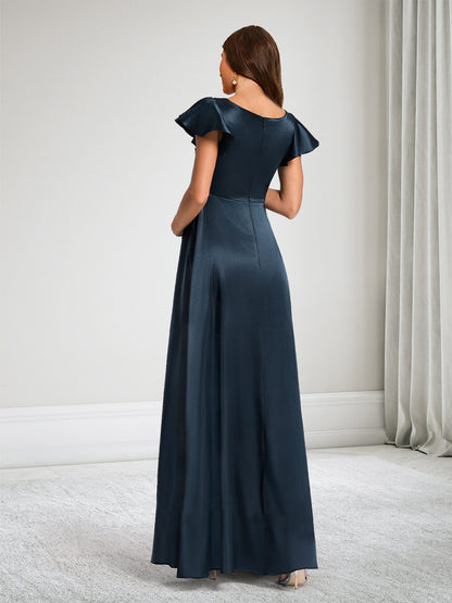 Robe de Demoiselle d'Honneur de Maternité Ligne A Col en V Manches Courtes Ruchée avec Volants