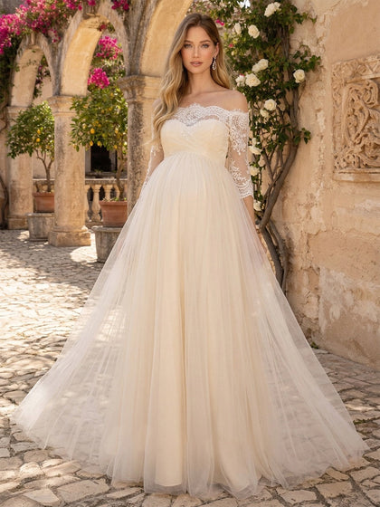 Robe de Mariée de Maternité Ligne A/Princesse Hors de l'épaule Manches 3/4 Longueur Sol avec Dentelle