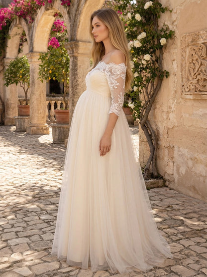 Robe de Mariée de Maternité Ligne A/Princesse Hors de l'épaule Manches 3/4 Longueur Sol avec Dentelle
