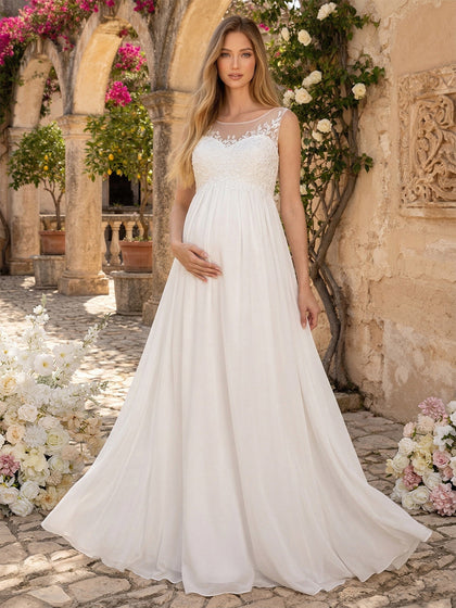 Robe de Mariée de Maternité Ligne A/Princesse Col Rond Sans Manches Longueur Sol avec Appliques