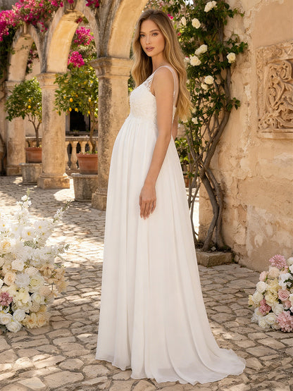 Robe de Mariée de Maternité Ligne A/Princesse Col Rond Sans Manches Longueur Sol avec Appliques