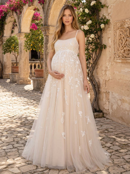 Robe de Mariée de Maternité Ligne A/Princesse Col Carré à Bretelles Spaghetti Longueur Sol avec Appliques