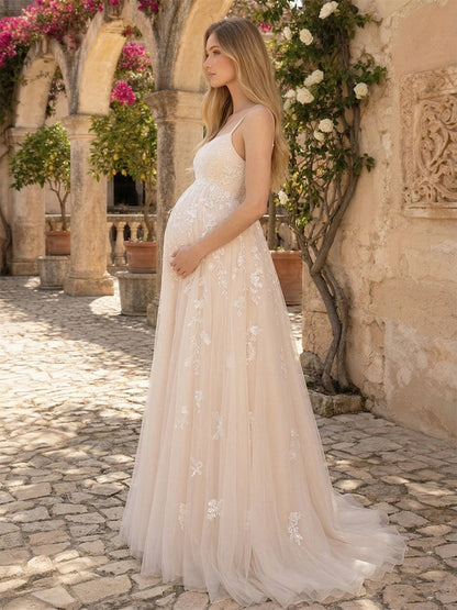 Robe de Mariée de Maternité Ligne A/Princesse Col Carré à Bretelles Spaghetti Longueur Sol avec Appliques