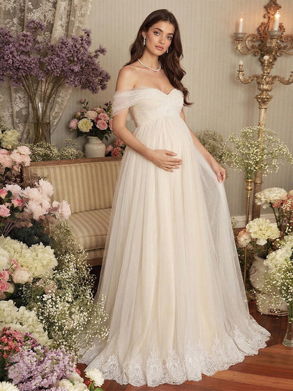 Robe de Mariée de Maternité Ligne A/Princesse Hors de l'épaule Sans Bretelles Longueur Sol avec Appliques