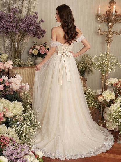 Robe de Mariée de Maternité Ligne A/Princesse Hors de l'épaule Sans Bretelles Longueur Sol avec Appliques