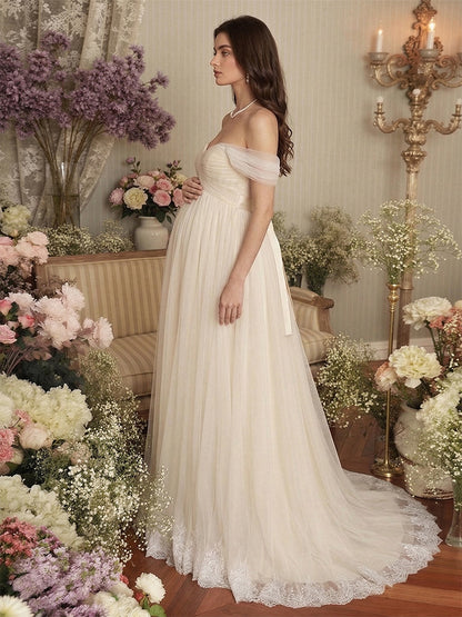Robe de Mariée de Maternité Ligne A/Princesse Hors de l'épaule Sans Bretelles Longueur Sol avec Appliques