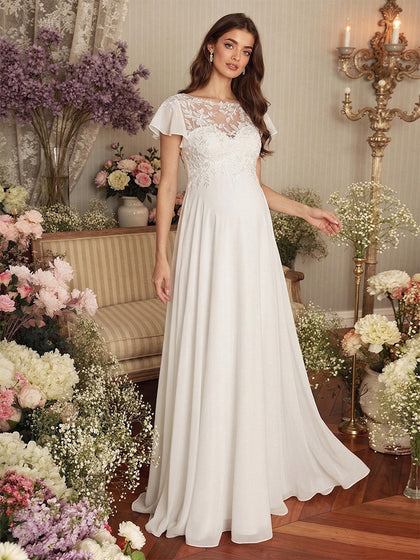 Robe de Mariée de Maternité Ligne A/Princesse Col Illusion Manches Courtes Longueur Sol avec Appliques & Dentelle