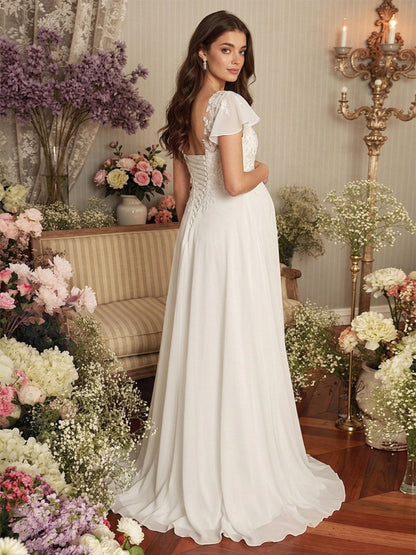 Robe de Mariée de Maternité Ligne A/Princesse Col Illusion Manches Courtes Longueur Sol avec Appliques & Dentelle