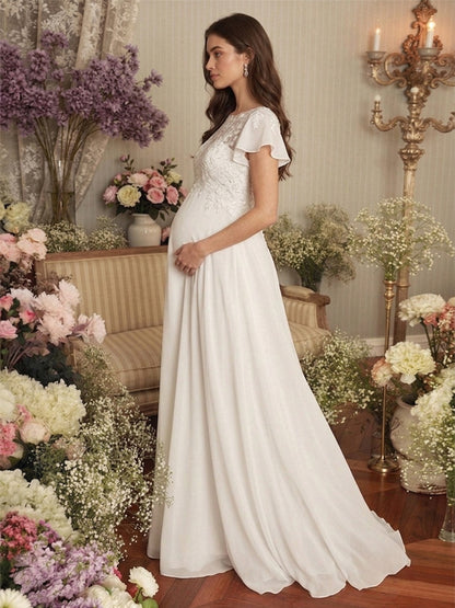 Robe de Mariée de Maternité Ligne A/Princesse Col Illusion Manches Courtes Longueur Sol avec Appliques & Dentelle