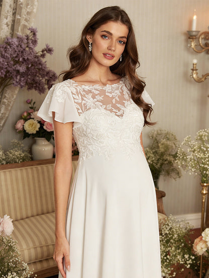 Robe de Mariée de Maternité Ligne A/Princesse Col Illusion Manches Courtes Longueur Sol avec Appliques & Dentelle