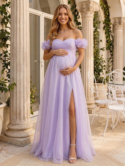 Robe d'Invitée de Mariage de Maternité Ligne A/Princesse Hors de l'épaule Longueur Sol avec Plis & Fleurs 3D