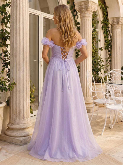 Robe d'Invitée de Mariage de Maternité Ligne A/Princesse Hors de l'épaule Longueur Sol avec Plis & Fleurs 3D