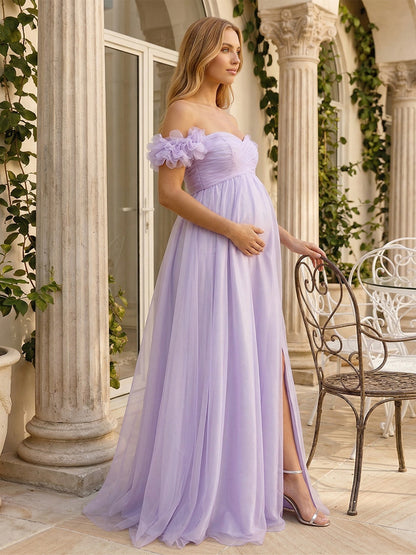 Robe d'Invitée de Mariage de Maternité Ligne A/Princesse Hors de l'épaule Longueur Sol avec Plis & Fleurs 3D