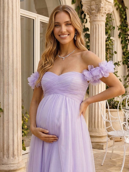 Robe d'Invitée de Mariage de Maternité Ligne A/Princesse Hors de l'épaule Longueur Sol avec Plis & Fleurs 3D