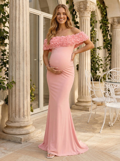 Robe d'Invitée de Mariage de Maternité Gaine/Colonne Hors de l'épaule Sans Manches Longueur Sol avec Fleurs 3D