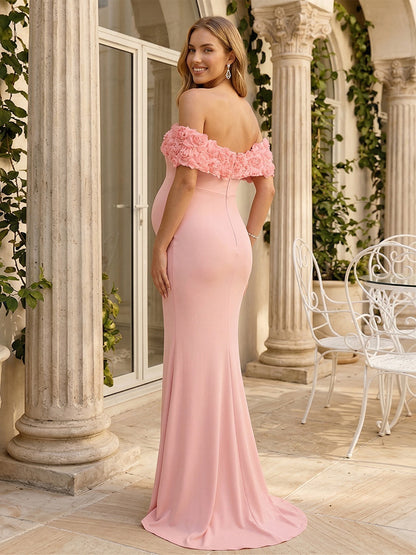 Robe d'Invitée de Mariage de Maternité Gaine/Colonne Hors de l'épaule Sans Manches Longueur Sol avec Fleurs 3D