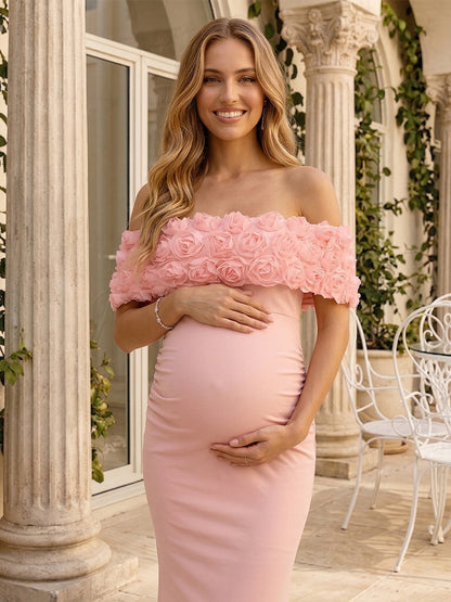 Robe d'Invitée de Mariage de Maternité Gaine/Colonne Hors de l'épaule Sans Manches Longueur Sol avec Fleurs 3D