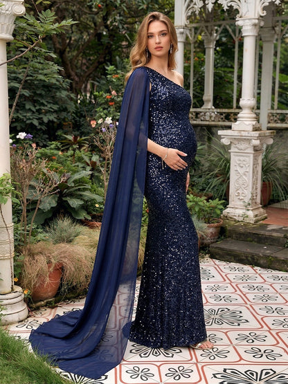 Robe d'Invitée de Mariage de Maternité Gaine/Colonne Asymétrique à une épaule Sans Manches Longueur Sol avec Paillettes
