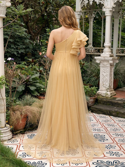 Robe d'Invitée de Mariage de Maternité Gaine/Colonne Asymétrique à une épaule Manches Courtes Longueur Sol avec Volants