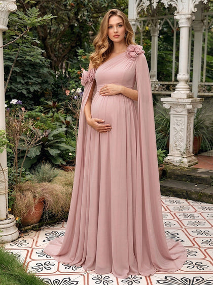 Robe d'Invitée de Mariage de Maternité Ligne A/Princesse Asymétrique à une épaule Longueur Sol avec Plis & Fleurs 3D