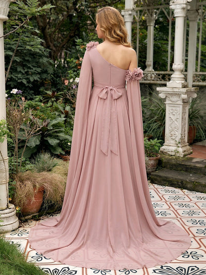 Robe d'Invitée de Mariage de Maternité Ligne A/Princesse Asymétrique à une épaule Longueur Sol avec Plis & Fleurs 3D
