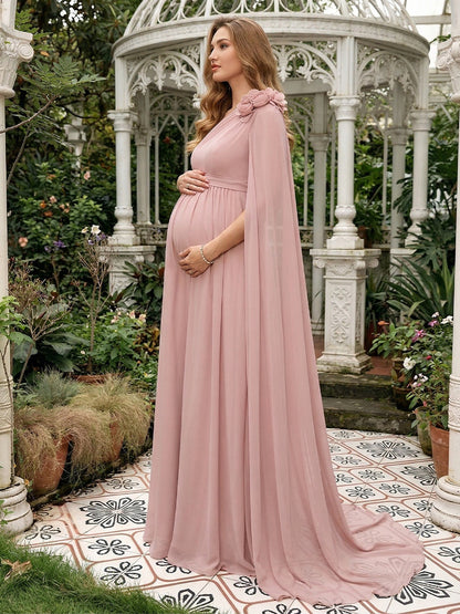 Robe d'Invitée de Mariage de Maternité Ligne A/Princesse Asymétrique à une épaule Longueur Sol avec Plis & Fleurs 3D